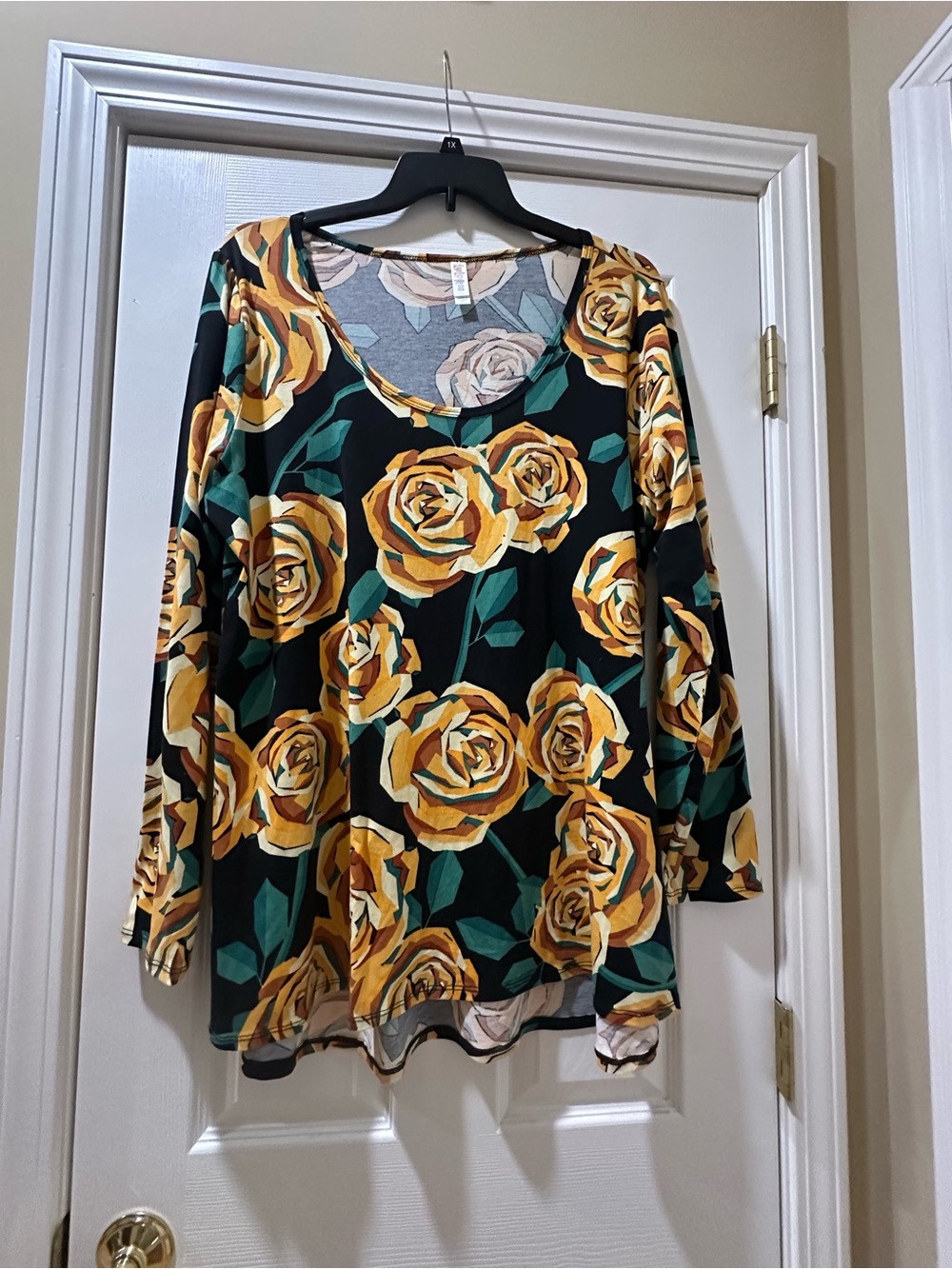 LuLaRoe Black Long-Sleeve Scoop Neck Top with Yellow Rose Print
